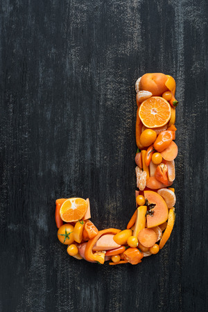 Fruit and vegetable alphabet letters concept for design layout and word spelling complete setの写真素材