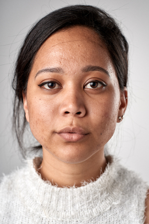 Portrait of real white caucasian woman with no expression ID or passport photo full collection of diverse face and expressions