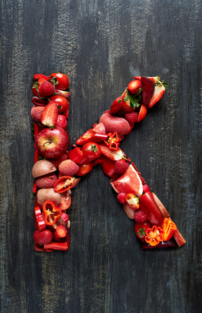 Complete set of fruit and vegetable alphabet letters concept for design layout and word spelling, see portfolio for other coloursの写真素材