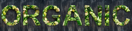 Collection of green vegetables produce shaped into letters of the alphabet, complete set part of seriesの写真素材