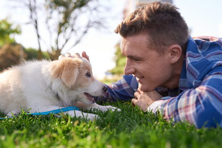 Pet owner bonding with puppy in park on grass, playing petting affection love best friends commitment relationshipの写真素材