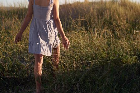 Woman walking with hands out in long grass at the beachの写真素材
