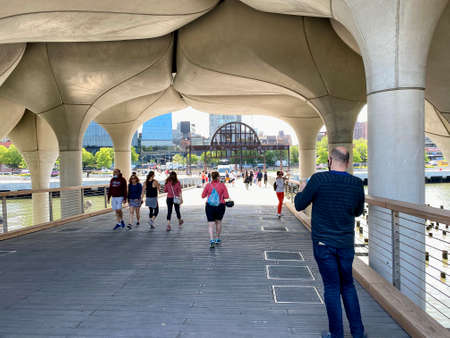 New York, NY, USA - May 24, 2021: Giant concrete pods at the entrance to Little Island in Manhattanのeditorial素材