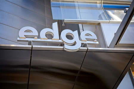 New York, NY, USA - June 10, 2021: The entrance to The Edge skyscraper with a modern metallic logoのeditorial素材