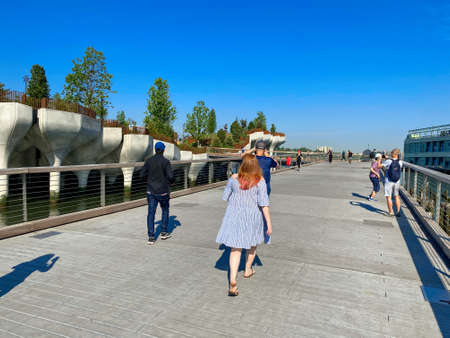 New York, NY, USA - July 15, 2021: One of two pedestrian ramps connected to the Manhattan Greenway leading to Little Islandのeditorial素材