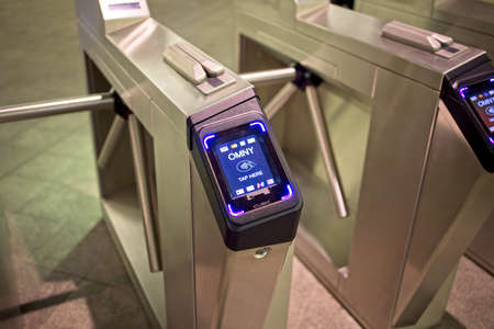 New York, NY, USA - Oct 25, 2021: The new OMNY reader that allows electronic entry into all New York City area mass transitのeditorial素材