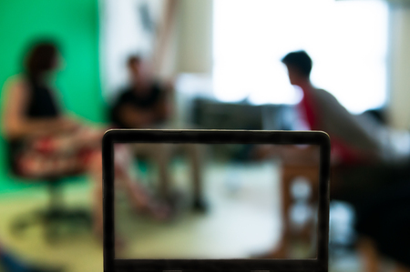 Abstract blur and Notebook computer education class room communication in studio or business