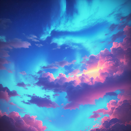 Magical sky with glowing clouds and stars. AI Generatedの素材