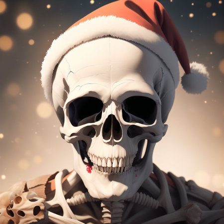 Human skull in Santa Claus hat. Christmas and New Year concept. AI Generatedの素材