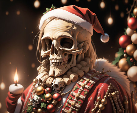 Human skull in Santa Claus costume with a candle in his mouth. AI Generatedの素材