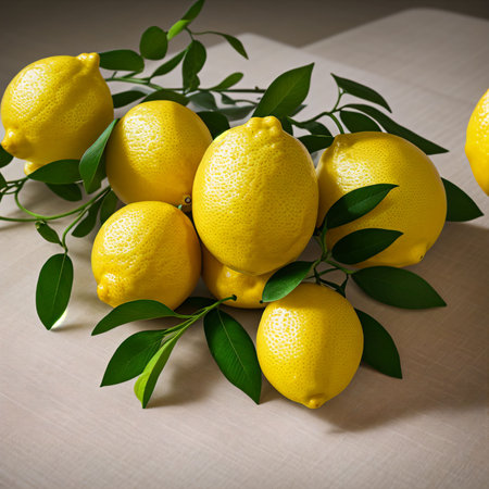 Lemons with green leaves on a light background. Square image. AI Generatedの素材