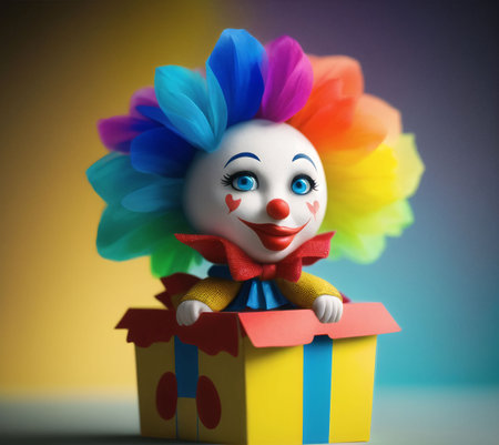 Clown in a gift box on a colorful background. AI Generatedの素材