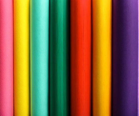 Colorful wrapping paper rolls as background, closeup. Textile industry AI Generatedの素材