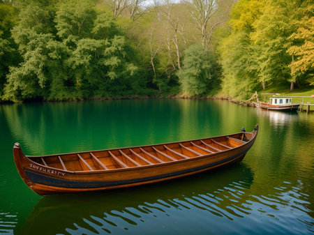 Wooden boat on the lake in the park in the spring. AI Generatedの素材