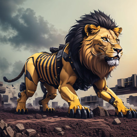 AI Generated of a lion wearing a safari outfit in the cityの素材