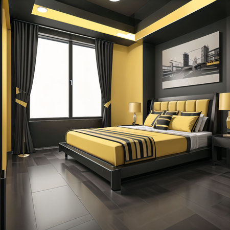 AI Generated of yellow bedroom interior with black and yellow walls and floorの素材