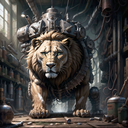 AI Generated of a lion in a factoryの素材