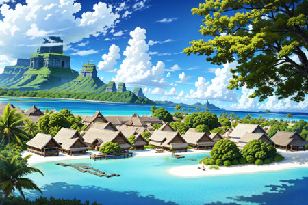 AI Generated of a beautiful tropical island with a castle on topの素材