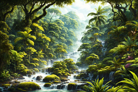 Waterfall in the rainforest. Digital painting of a waterfall in the rainforest. AI Generatedの素材