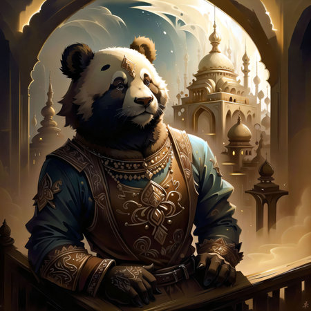 Portrait of a panda in the interior of the Grand Palace. AI Generatedの素材