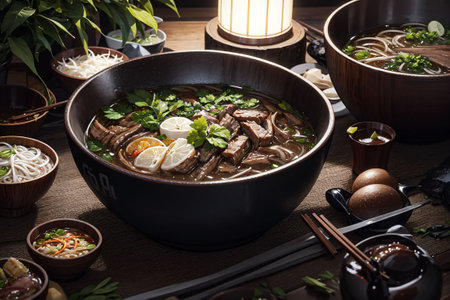 Beef noodle soup in black bowl with chopsticks on wooden table AI Generatedの素材