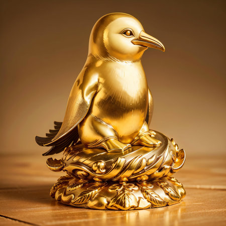 golden statuette of a bird on a wooden background. AI Generatedの素材