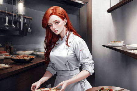 Beautiful red-haired woman cooking pizza in the kitchen at home AI Generatedの素材