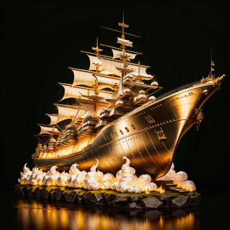Sailing ship with golden sails on black background. AI Generatedの素材