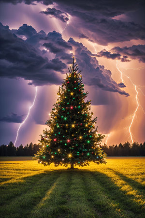 Bright Christmas tree in a large field with dark clouds and lightning in the sky, xmas Ai Generated wallpaperの素材
