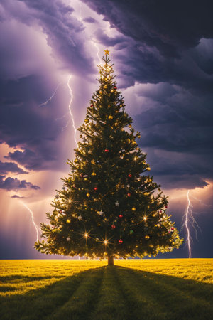 Bright Christmas tree in a large field with dark clouds and lightning in the sky, xmas Ai Generated wallpaperの素材
