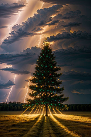 Bright Christmas tree in a large field with dark clouds and lightning in the sky, xmas Ai Generated wallpaperの素材