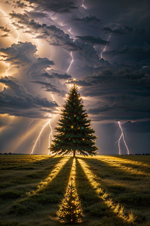 Bright Christmas tree in a large field with dark clouds and lightning in the sky, xmas Ai Generated wallpaperの素材