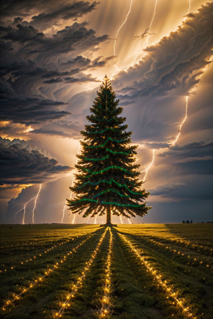 Bright Christmas tree in a large field with dark clouds and lightning in the sky, xmas Ai Generated wallpaperの素材