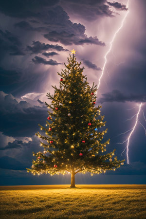 Bright Christmas tree in a large field with dark clouds and lightning in the sky, xmas Ai Generated wallpaperの素材