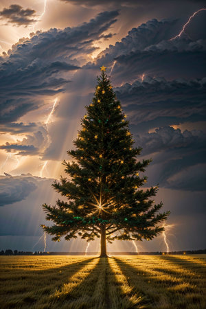 Bright Christmas tree in a large field with dark clouds and lightning in the sky, xmas Ai Generated wallpaperの素材