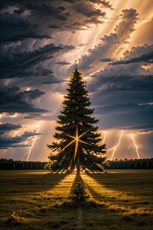 Bright Christmas tree in a large field with dark clouds and lightning in the sky, xmas Ai Generated wallpaperの素材
