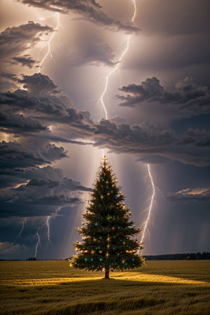 Bright Christmas tree in a large field with dark clouds and lightning in the sky, xmas Ai Generated wallpaperの素材