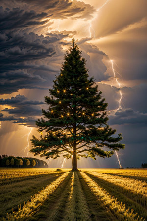 Bright Christmas tree in a large field with dark clouds and lightning in the sky, xmas Ai Generated wallpaperの素材