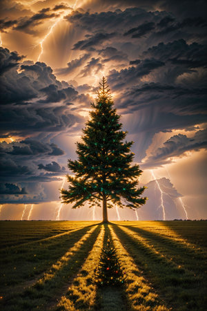 Bright Christmas tree in a large field with dark clouds and lightning in the sky, xmas Ai Generated wallpaperの素材