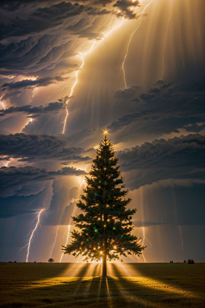 Bright Christmas tree in a large field with dark clouds and lightning in the sky, xmas Ai Generated wallpaperの素材