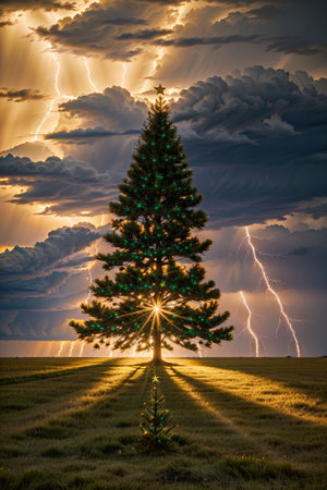 Bright Christmas tree in a large field with dark clouds and lightning in the sky, xmas Ai Generated wallpaperの素材