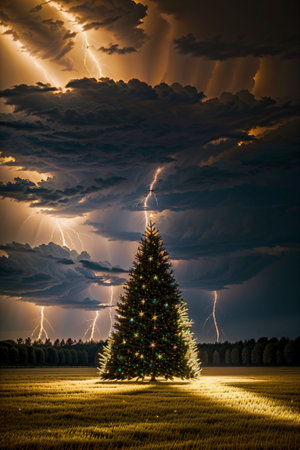 Bright Christmas tree in a large field with dark clouds and lightning in the sky, xmas Ai Generated wallpaperの素材
