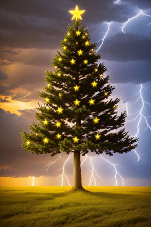 Bright Christmas tree in a large field with dark clouds and lightning in the sky, xmas Ai Generated wallpaperの素材
