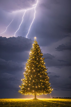 Bright Christmas tree in a large field with dark clouds and lightning in the sky, xmas Ai Generated wallpaperの素材