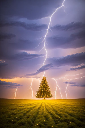 Bright Christmas tree in a large field with dark clouds and lightning in the sky, xmas Ai Generated wallpaperの素材