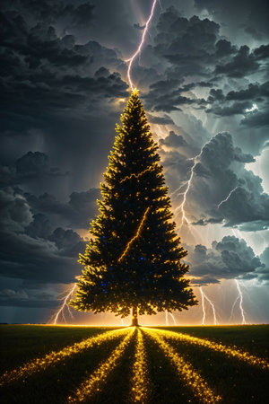 Bright Christmas tree in a large field with dark clouds and lightning in the sky, xmas Ai Generated wallpaperの素材