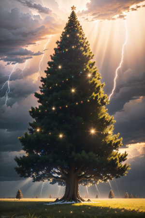 Bright Christmas tree in a large field with dark clouds and lightning in the sky, xmas Ai Generated wallpaperの素材