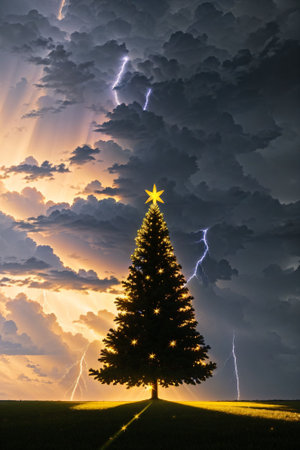 Bright Christmas tree in a large field with dark clouds and lightning in the sky, xmas Ai Generated wallpaperの素材
