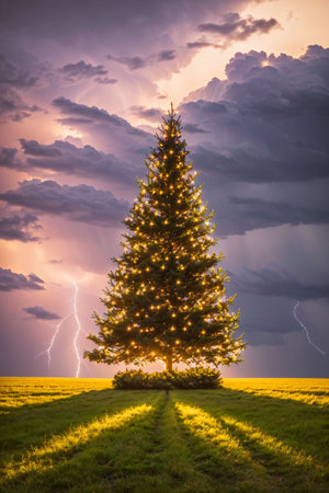 Bright Christmas tree in a large field with dark clouds and lightning in the sky, xmas Ai Generated wallpaperの素材