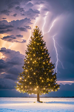 Bright Christmas tree in a large field with dark clouds and lightning in the sky, xmas Ai Generated wallpaperの素材